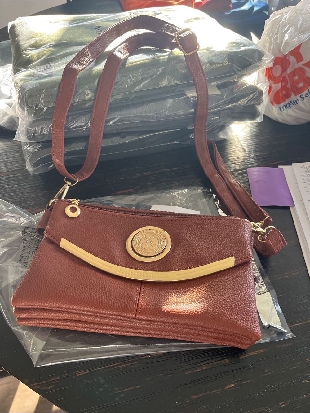 Women's Brown Crossbody Bag with Gold Accent